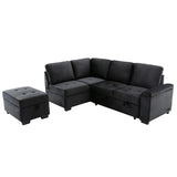 87.4-inch Black L-shaped Sleeper Sectional Sofa with Storage Ottoman, Hidden Arm Storage, and USB Charge