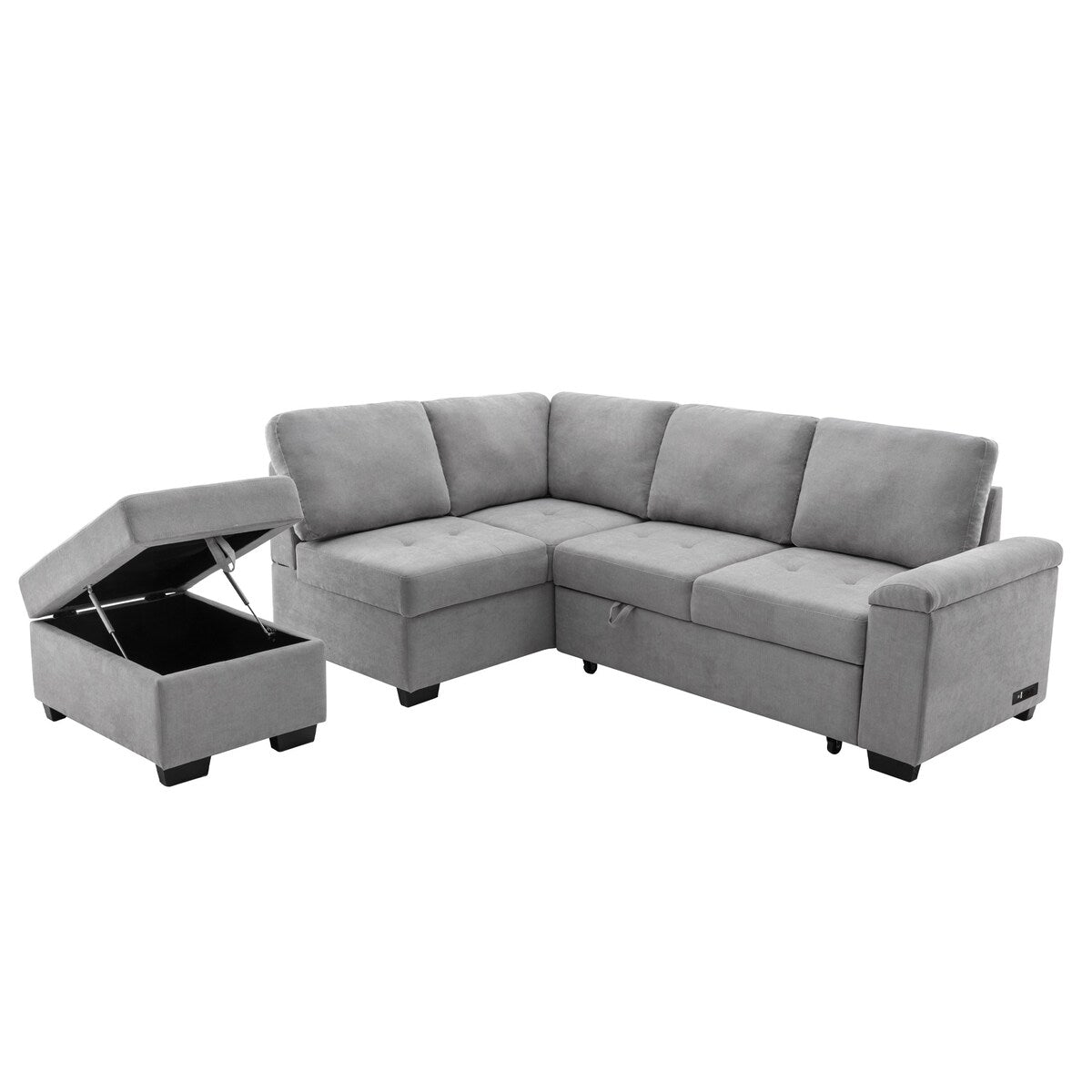 87.4-inch Black L-shaped Sleeper Sectional Sofa with Storage Ottoman, Hidden Arm Storage, and USB Charge