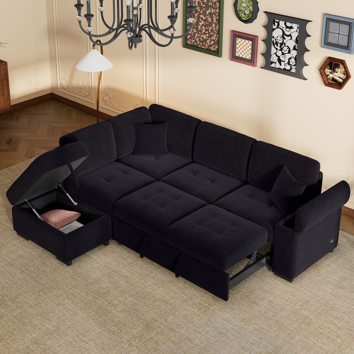 87.4-inch Black L-shaped Sleeper Sectional Sofa with Storage Ottoman, Hidden Arm Storage, and USB Charge