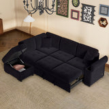 87.4-inch Black L-shaped Sleeper Sectional Sofa with Storage Ottoman, Hidden Arm Storage, and USB Charge
