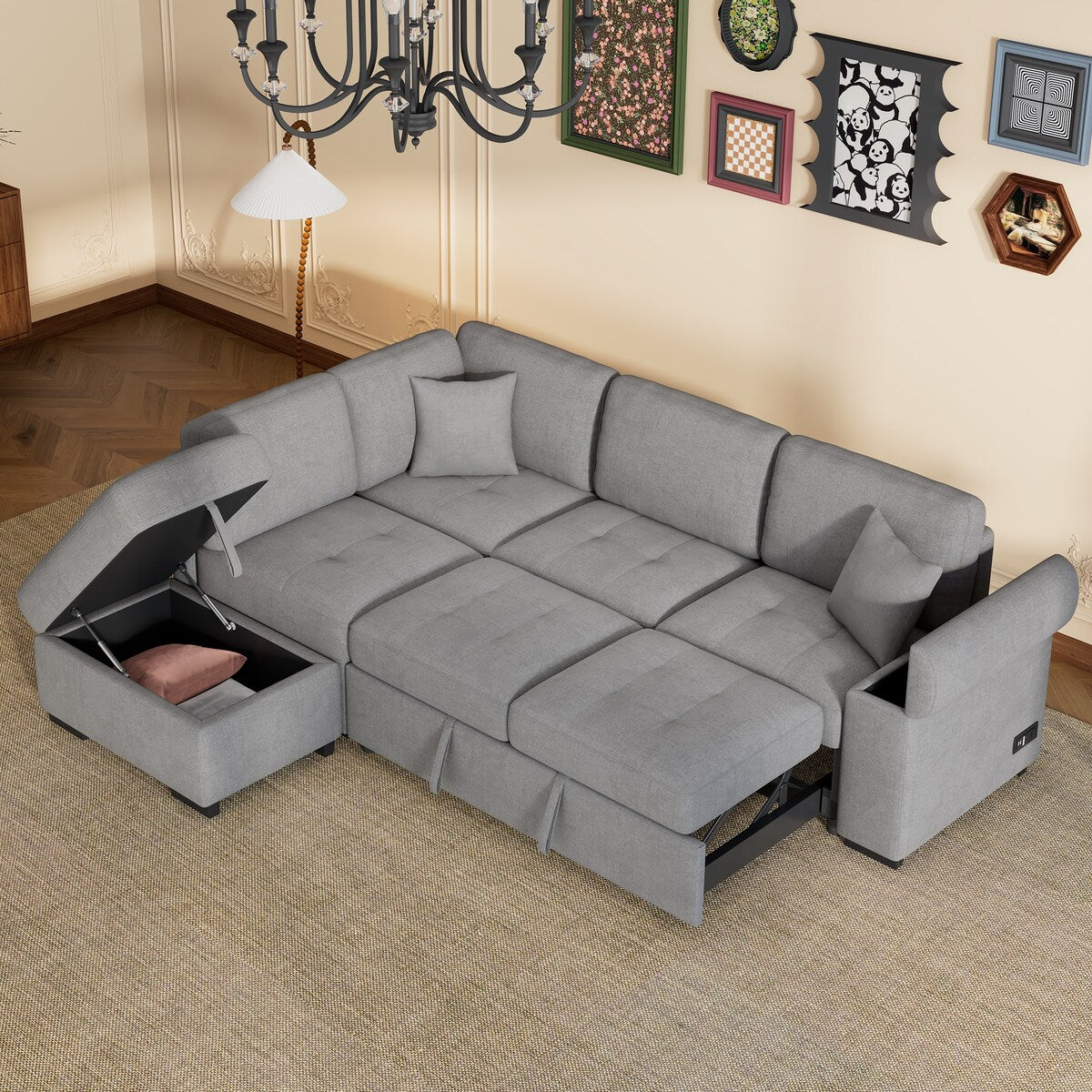 87.4-inch Black L-shaped Sleeper Sectional Sofa with Storage Ottoman, Hidden Arm Storage, and USB Charge