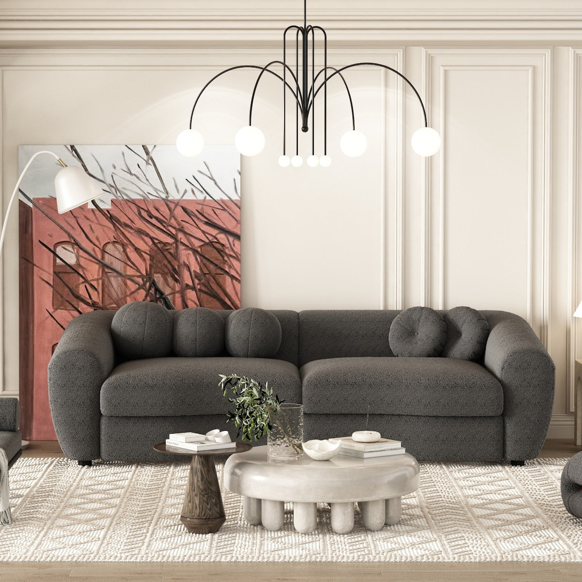 87.7" Modern Curved Sofa, Back Upholstered Couch with 5 Decorative Thr