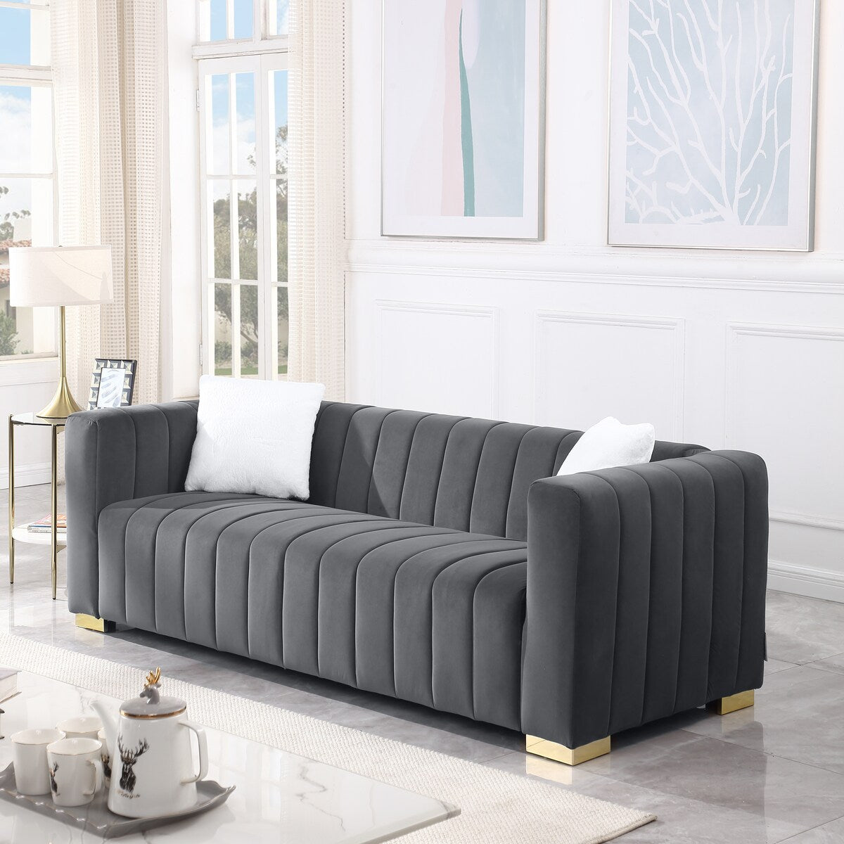 87'' Velvet Upholstered 3-Seater Sofa Modern Camel Back Sofa