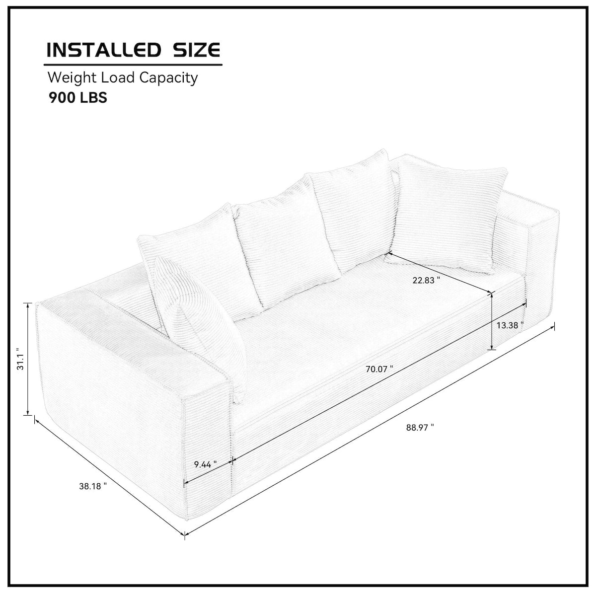 88.97" Corduroy Upholstered Sofa, Comfy Couch with 5 Pillows