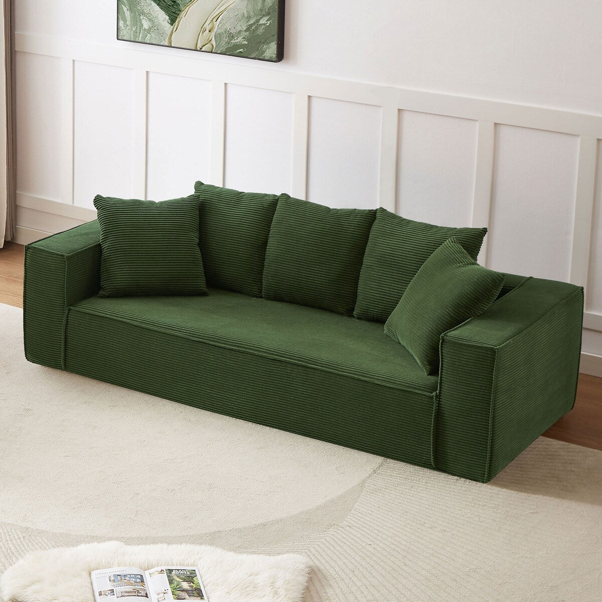 88.97" Corduroy Upholstered Sofa, Comfy Couch with 5 Pillows