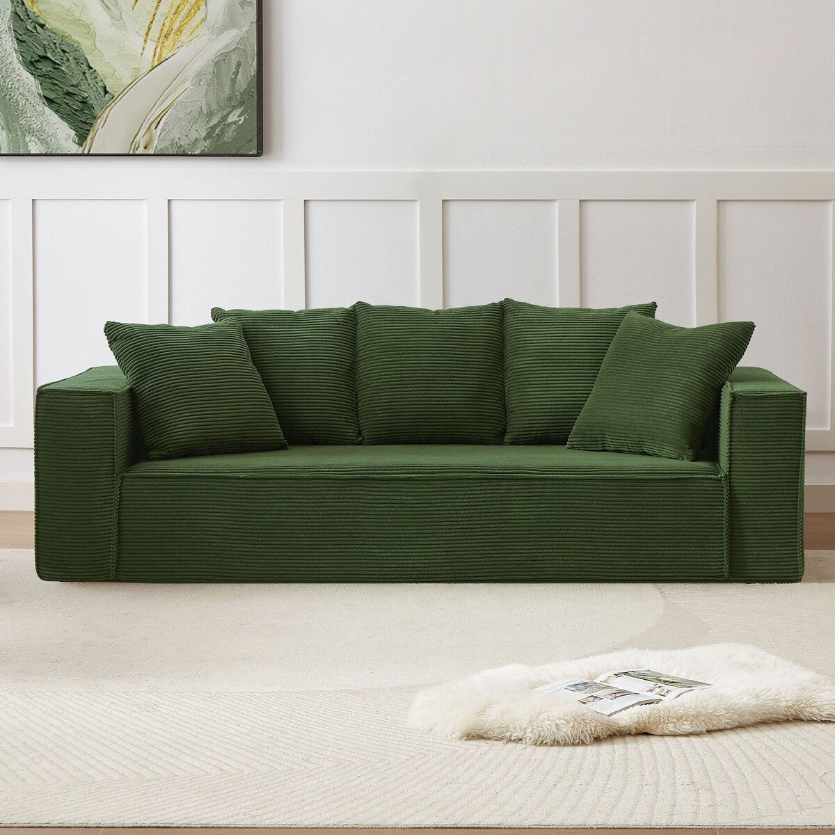 88.97" Corduroy Upholstered Sofa, Comfy Couch with 5 Pillows