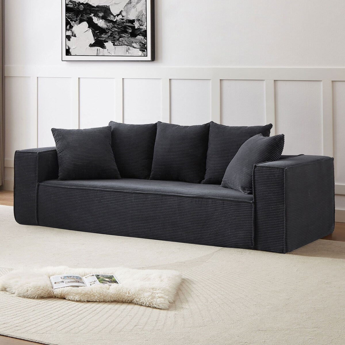 88.97" Corduroy Upholstered Sofa, Comfy Streamlined Design Couch with 5 Pillows for Living Room