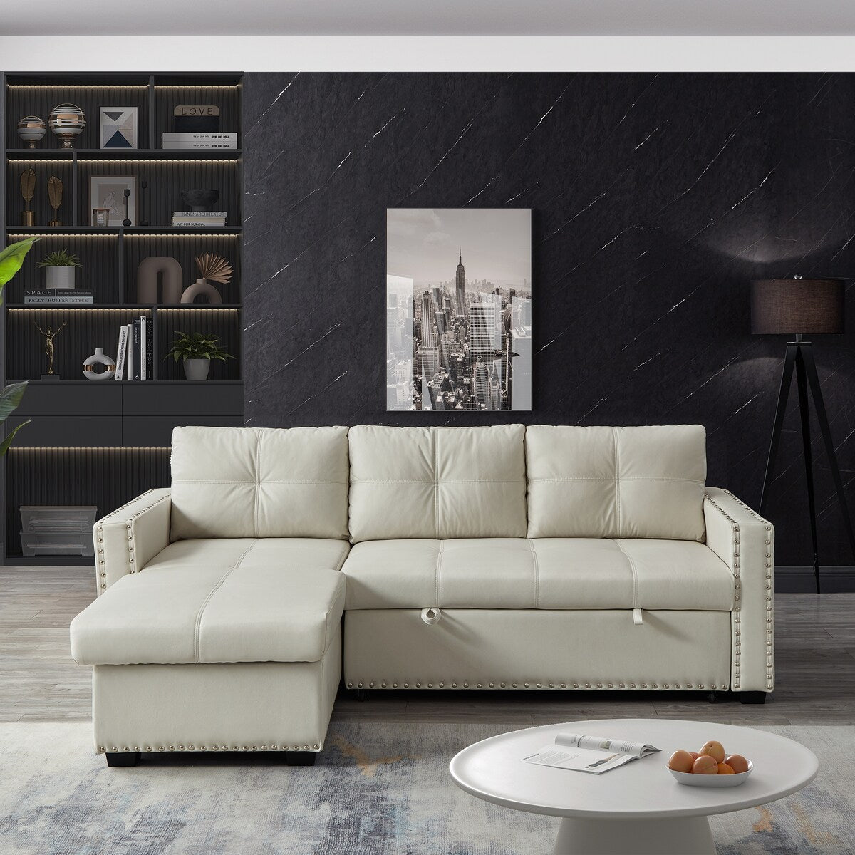 88" Convertible Pull Out Sofa Bed with Storage Chaise Sofa Bed Microfi