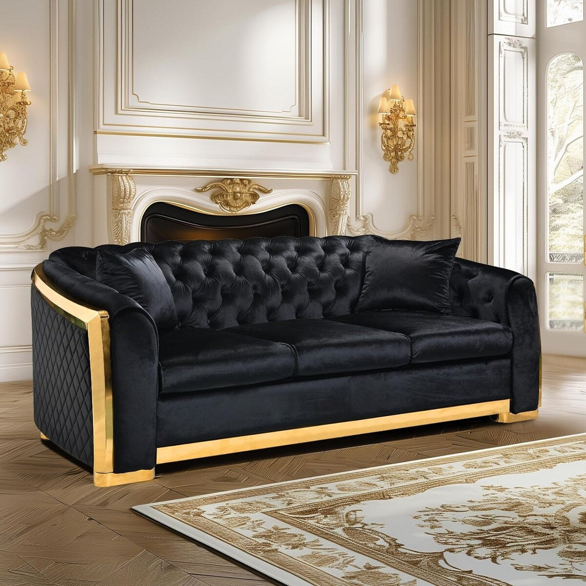 89 Inch Velvet Chesterfield Sofa, 3 Seater Tufted Couch Luxury Modern Upholstered Sofa