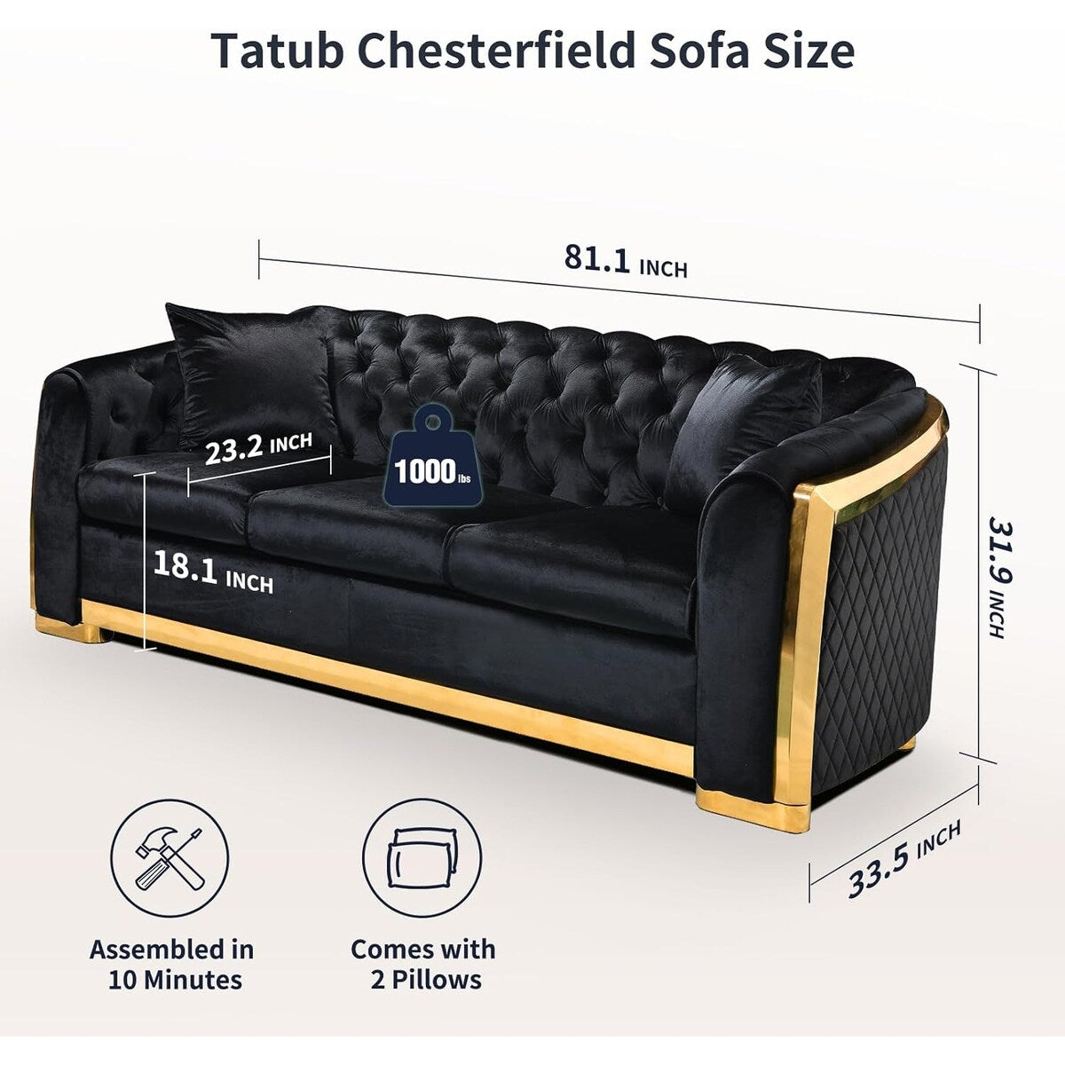 89 Inch Velvet Chesterfield Sofa, 3 Seater Tufted Couch Luxury Modern Upholstered Sofa