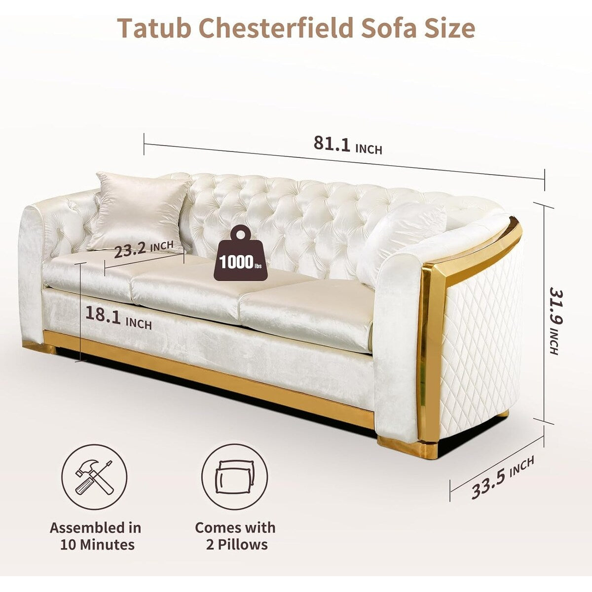 89 Inch Velvet Chesterfield Sofa, 3 Seater Tufted Couch Luxury Modern Upholstered Sofa