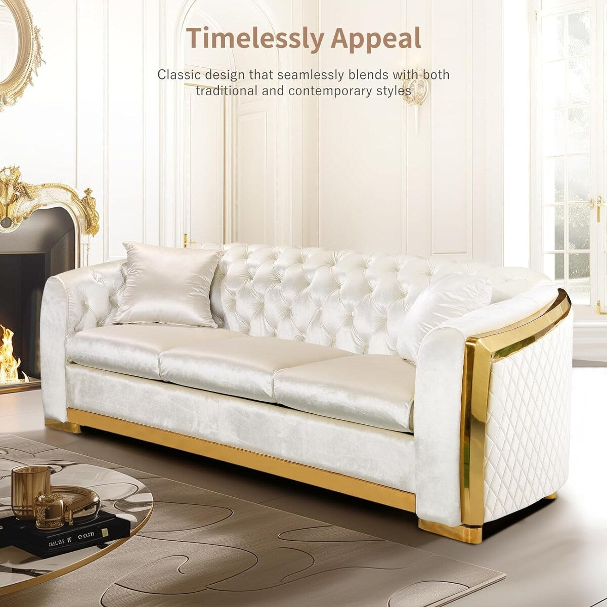 89 Inch Velvet Chesterfield Sofa, 3 Seater Tufted Couch Luxury Modern Upholstered Sofa