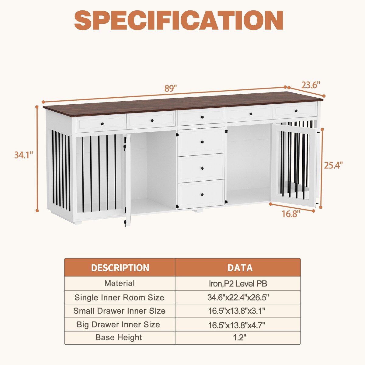 89" Dog Crate Furniture Large Furniture Style Dog Crate with Drawers