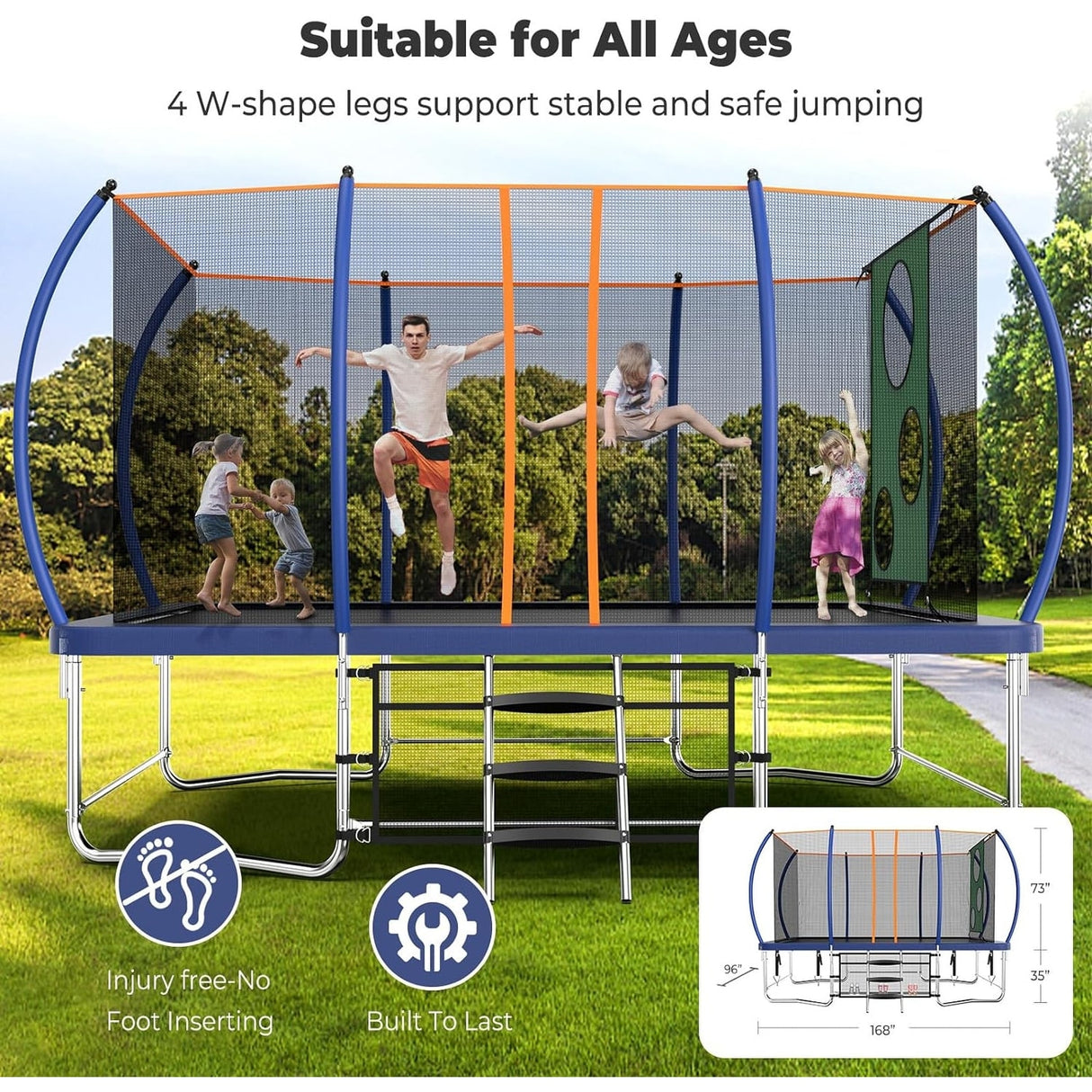 8x14 Ft Rectangle Trampoline for Kids and Adults, Outdoor Trampoline with Stakes