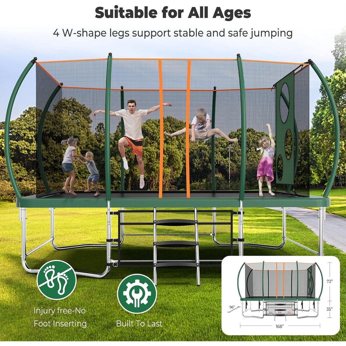 8x14 Ft Rectangle Trampoline for Kids and Adults, Outdoor Trampoline with Stakes