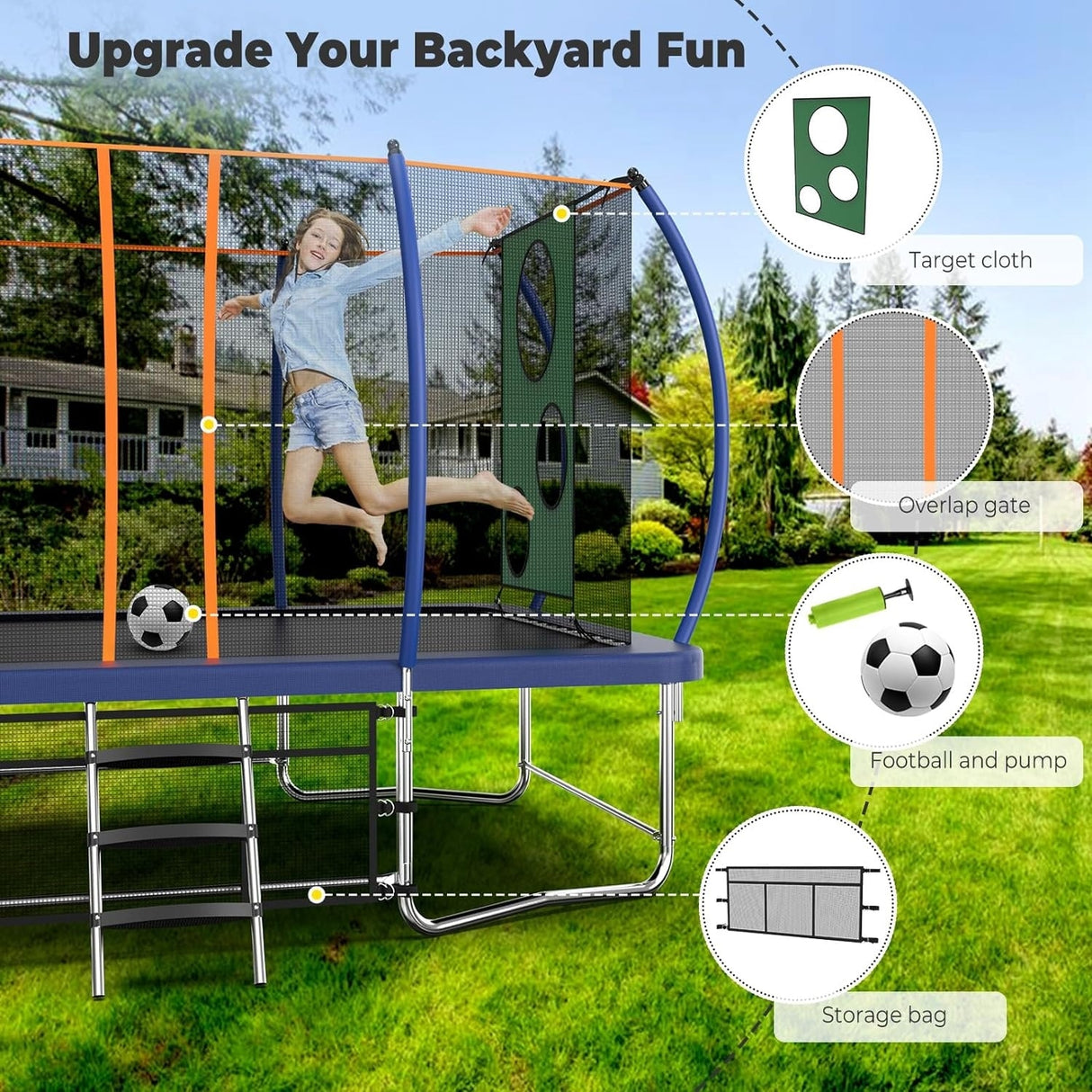 8x14 Ft Rectangle Trampoline for Kids and Adults, Outdoor Trampoline with Stakes
