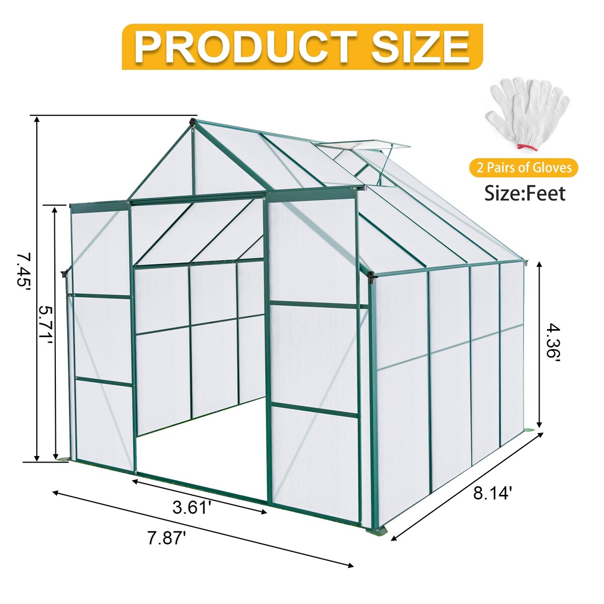 8x8 FT Double Door Greenhouse Raised Base and Anchor Aluminum Heavy Duty Walk-in Greenhouses for Outdoor Backyard in All Season
