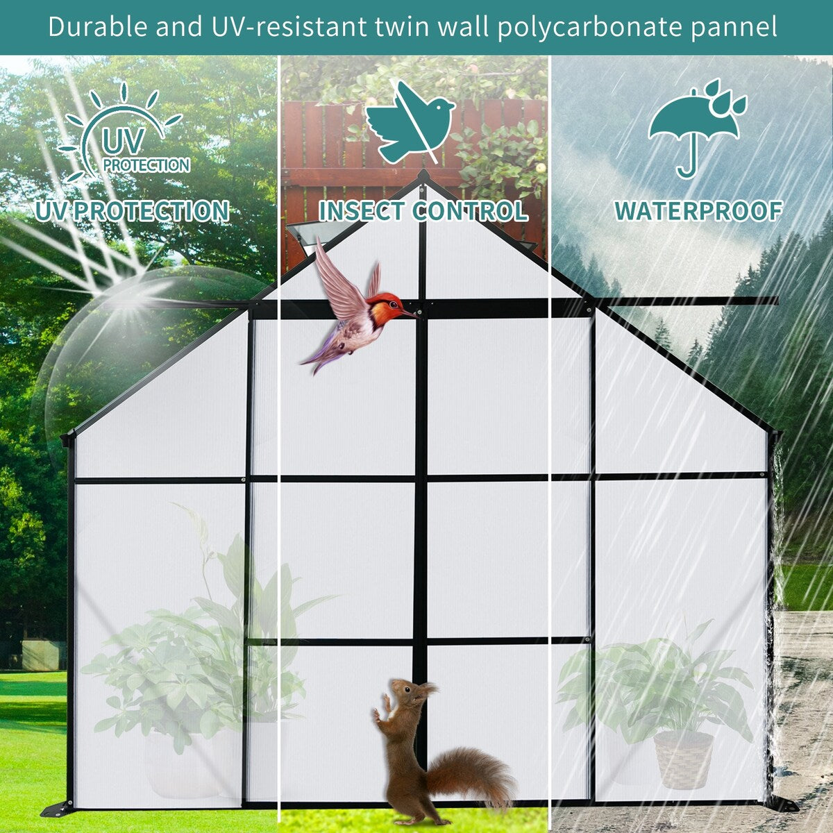 8x8 FT Double Door Polycarbonate Greenhouse Raised Base and Anchor Aluminum Heavy Duty Walk-in Greenhouses - 10 x 10