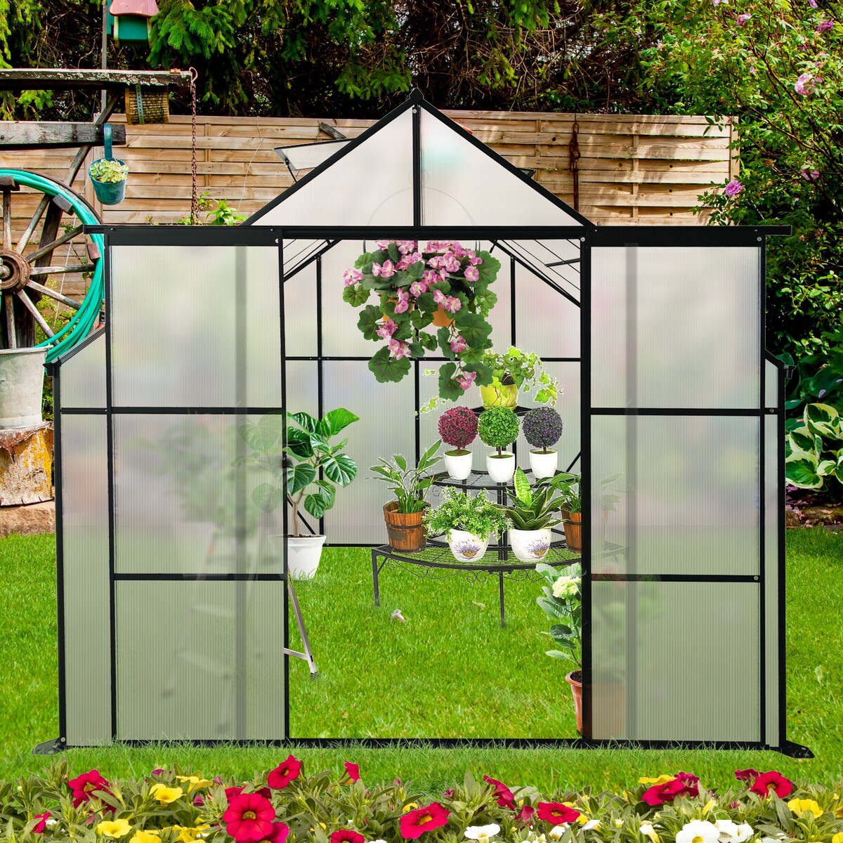 8x8 FT Double Door Polycarbonate Greenhouse Raised Base and Anchor Aluminum Heavy Duty Walk-in Greenhouses - 10 x 10