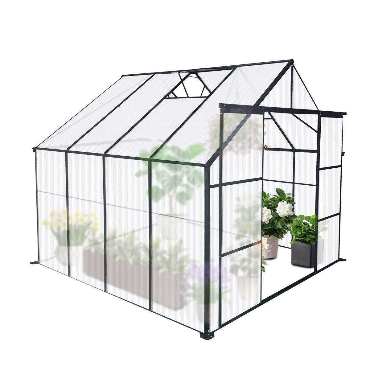 8x8 FT Double Door Polycarbonate Greenhouse Raised Base and Anchor Aluminum Heavy Duty Walk-in Greenhouses - 10 x 10