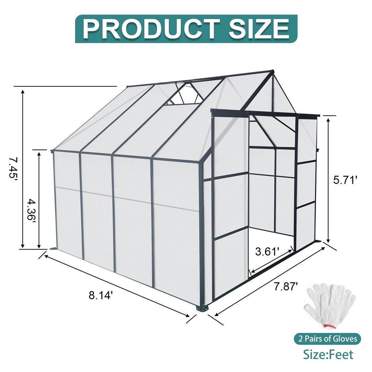 8x8 FT Double Door Polycarbonate Greenhouse Raised Base and Anchor Aluminum Heavy Duty Walk-in Greenhouses - 10 x 10