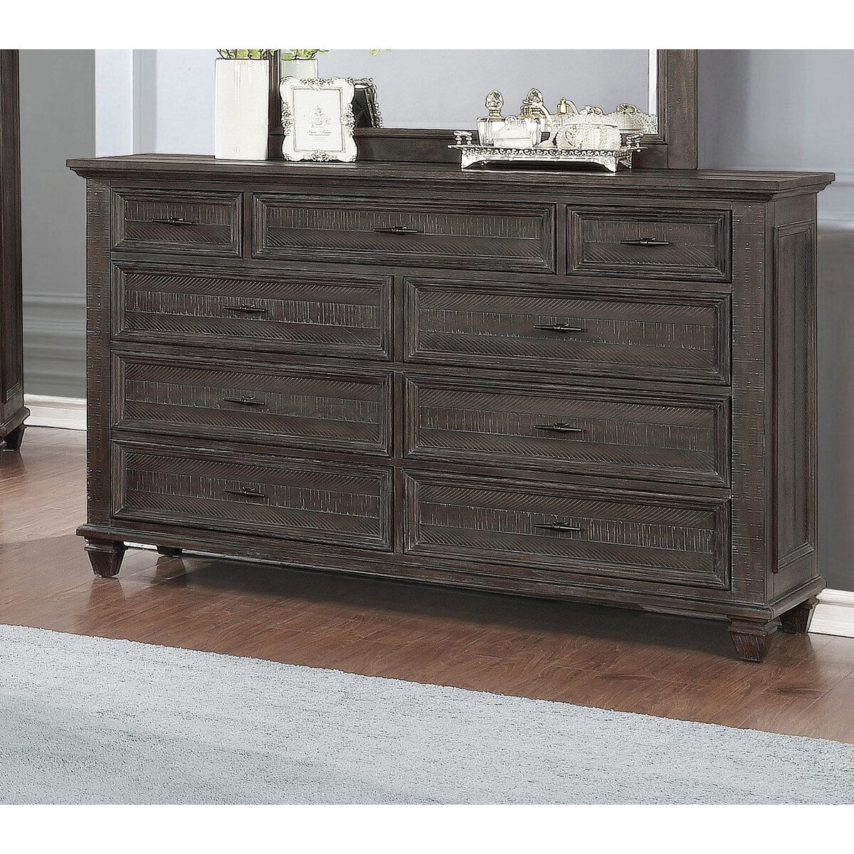 9 Drawers Dresser With Metal Handles in Weathered Carbon