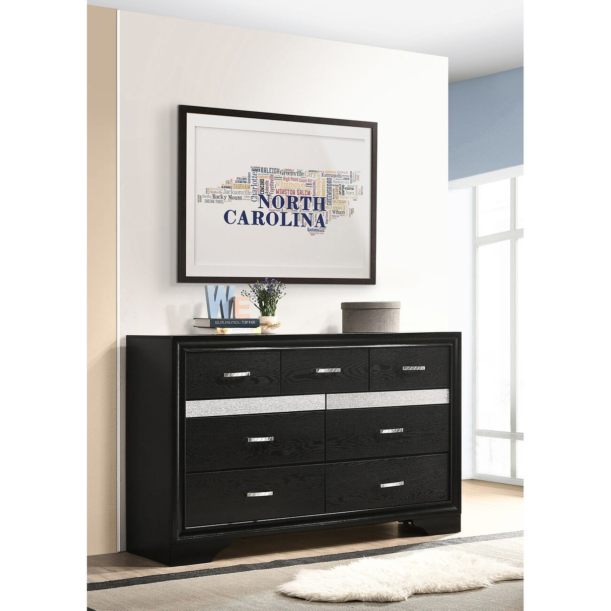 9 Drawers Wooden Dresser With Hide Drawer Design in Black