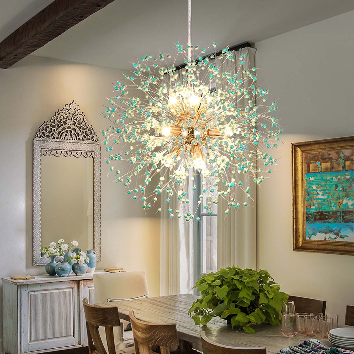 9-Light Modern Linear Starburst Firework Chandelier Green Dandelion Sputnik Island Pendant