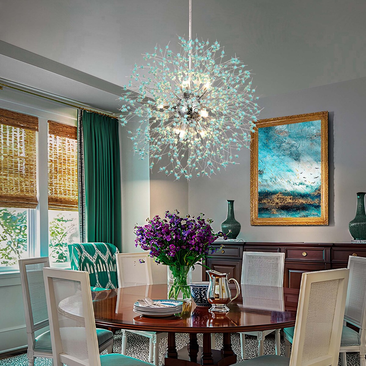 9-Light Modern Linear Starburst Firework Chandelier Green Dandelion Sputnik Island Pendant
