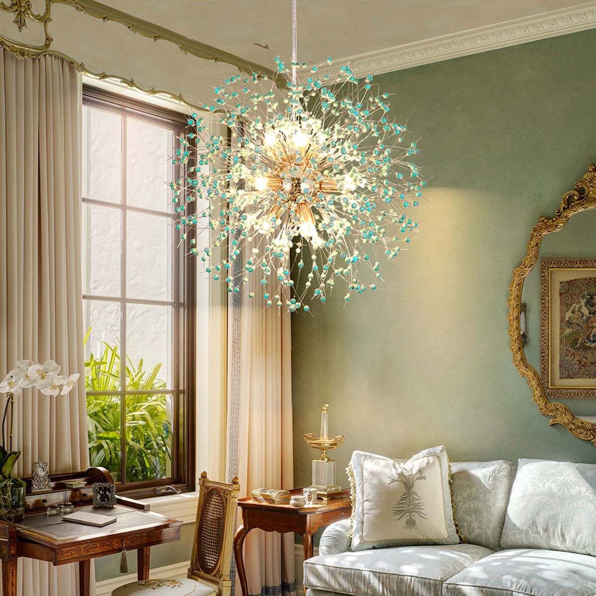 9-Light Modern Linear Starburst Firework Chandelier Green Dandelion Sputnik Island Pendant