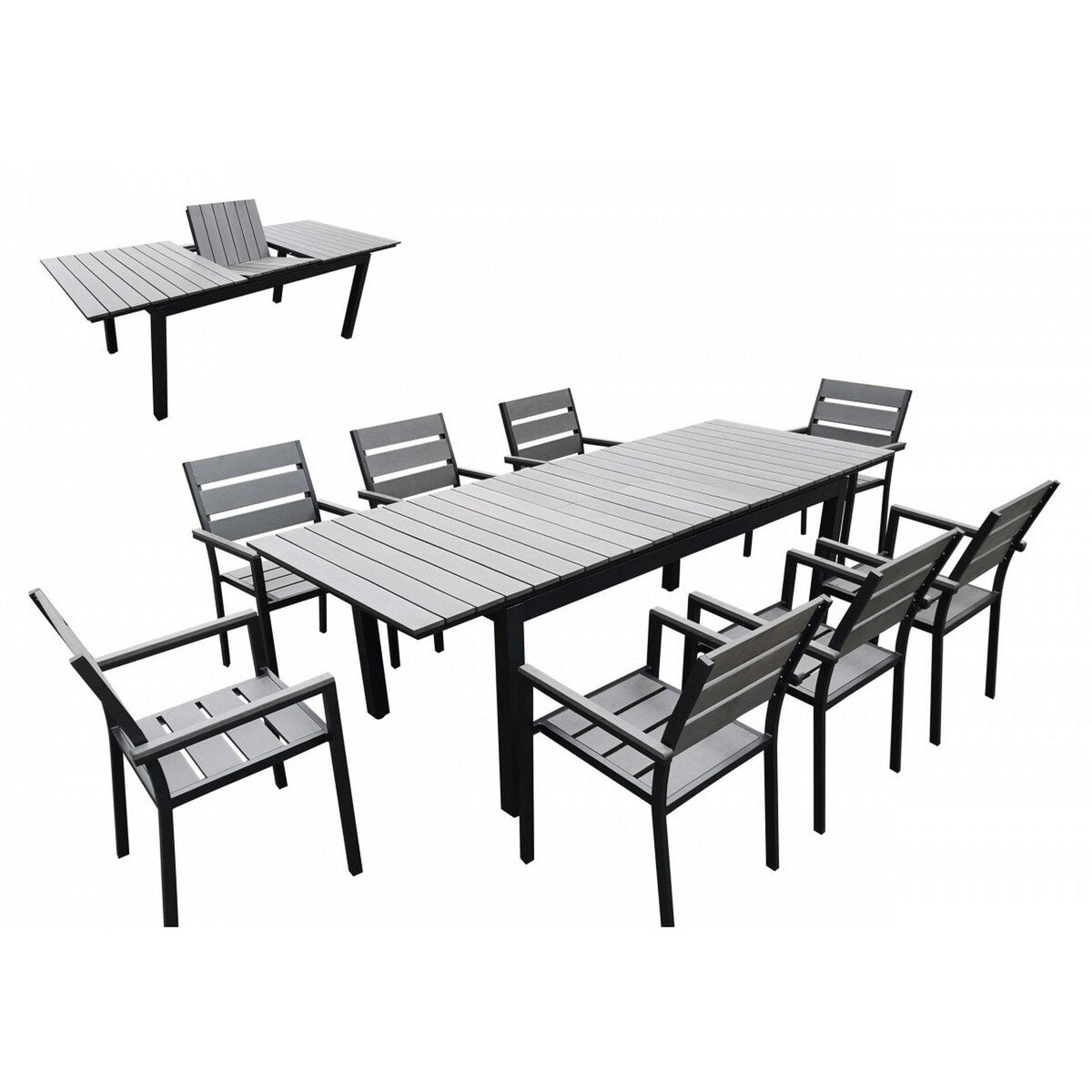 9 Piece Metal Outdoor Dining Table and Chairs, Gray and Black