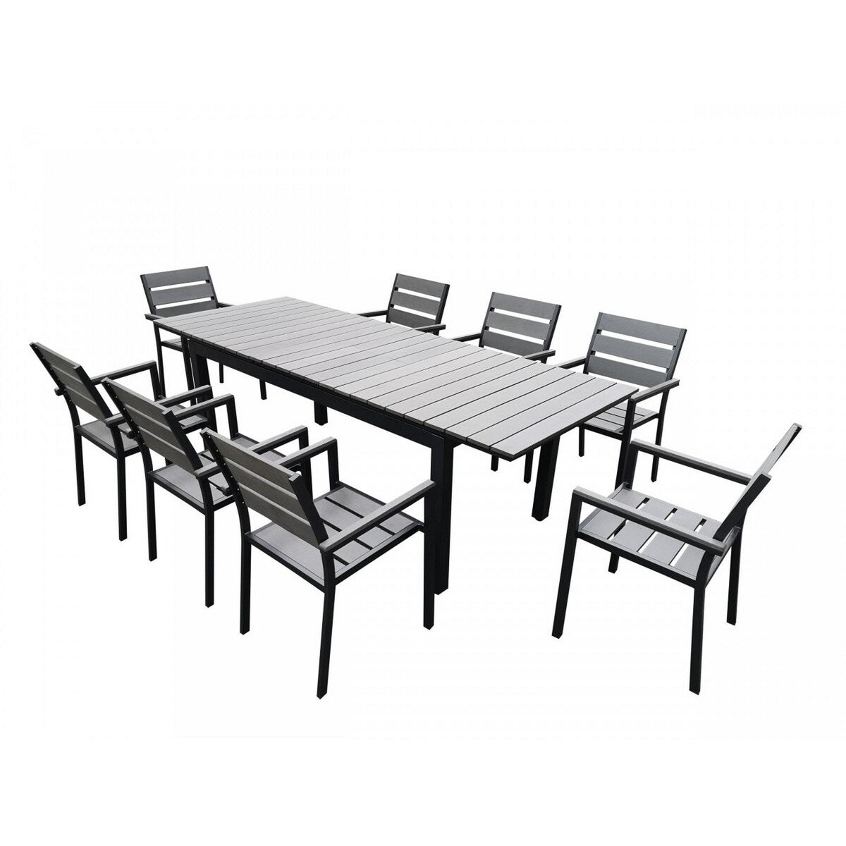 9 Piece Metal Outdoor Dining Table and Chairs, Gray and Black