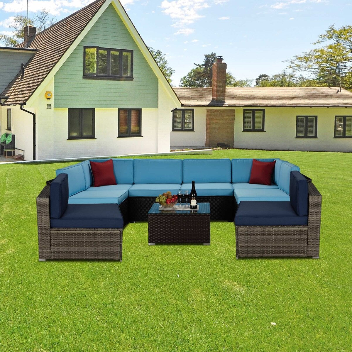 9-Piece Outdoor Wicker Patio Sofa Set with Table and Cushions