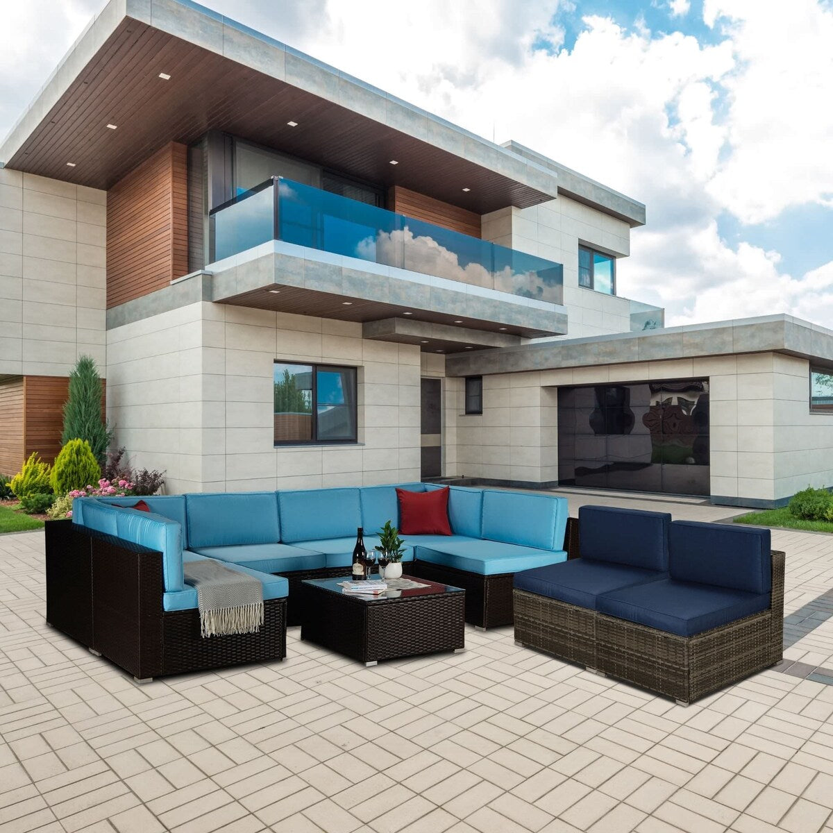 9-Piece Outdoor Wicker Patio Sofa Set with Table and Cushions