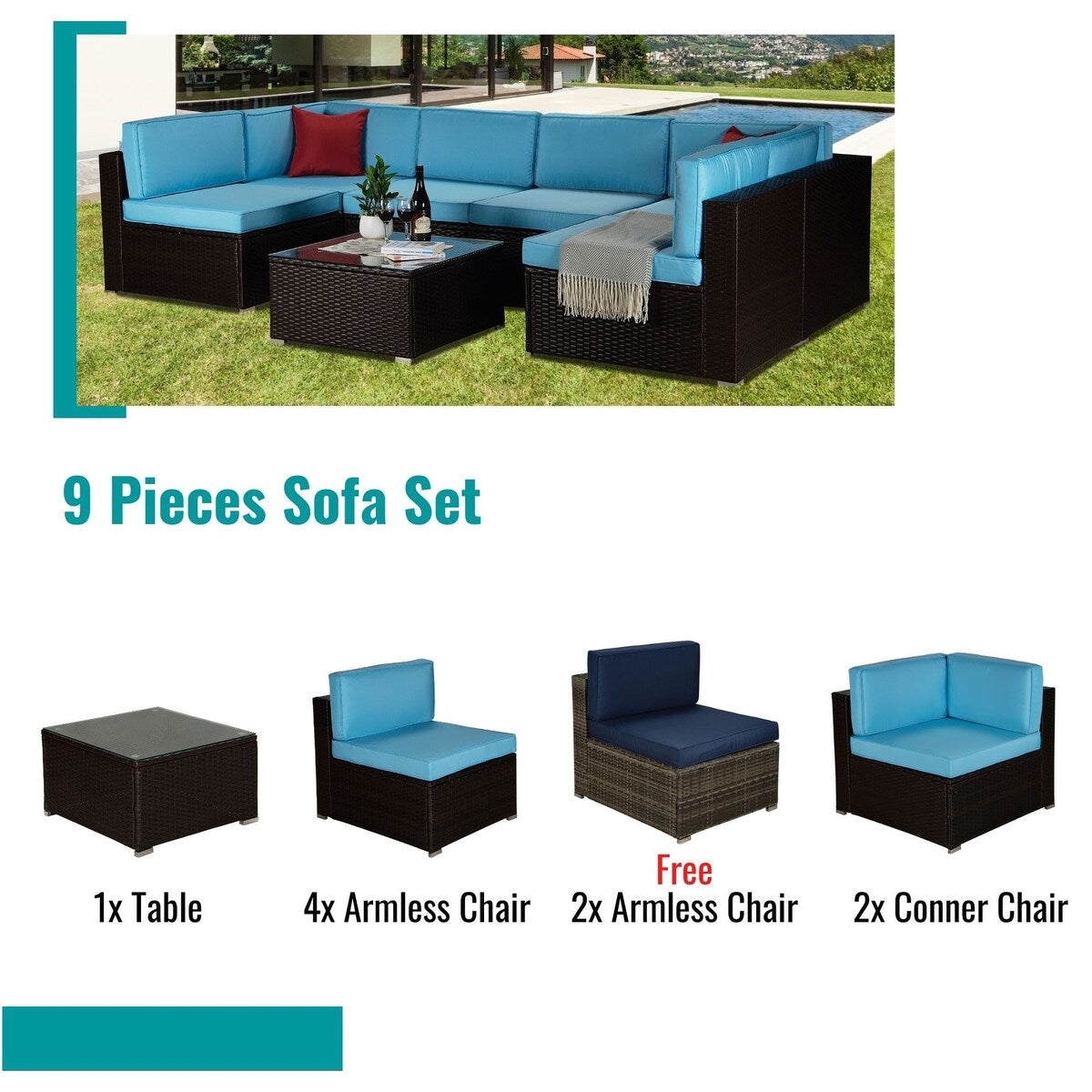 9-Piece Outdoor Wicker Patio Sofa Set with Table and Cushions