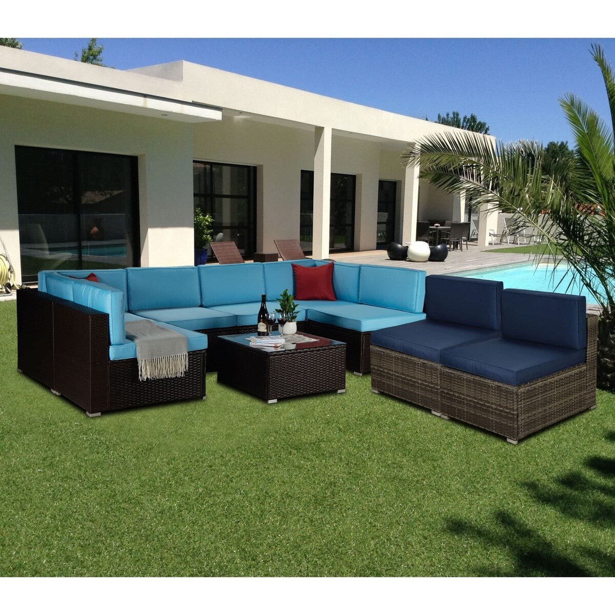 9-Piece Outdoor Wicker Patio Sofa Set with Table and Cushions