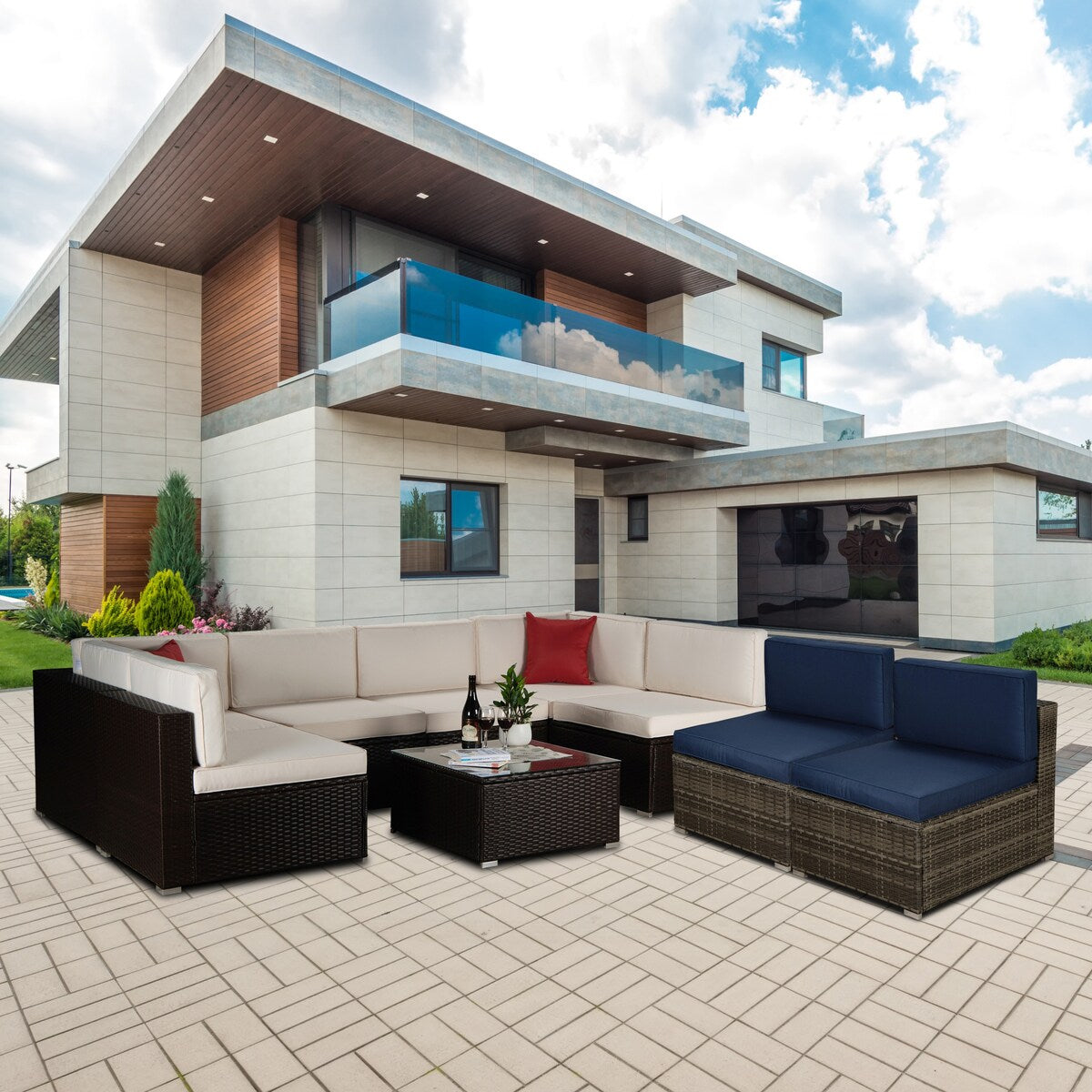 9-Piece Outdoor Wicker Patio Sofa Set with Table and Cushions