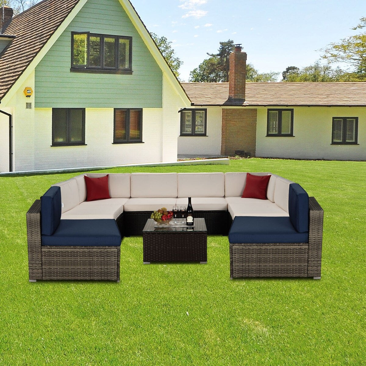 9-Piece Outdoor Wicker Patio Sofa Set with Table and Cushions