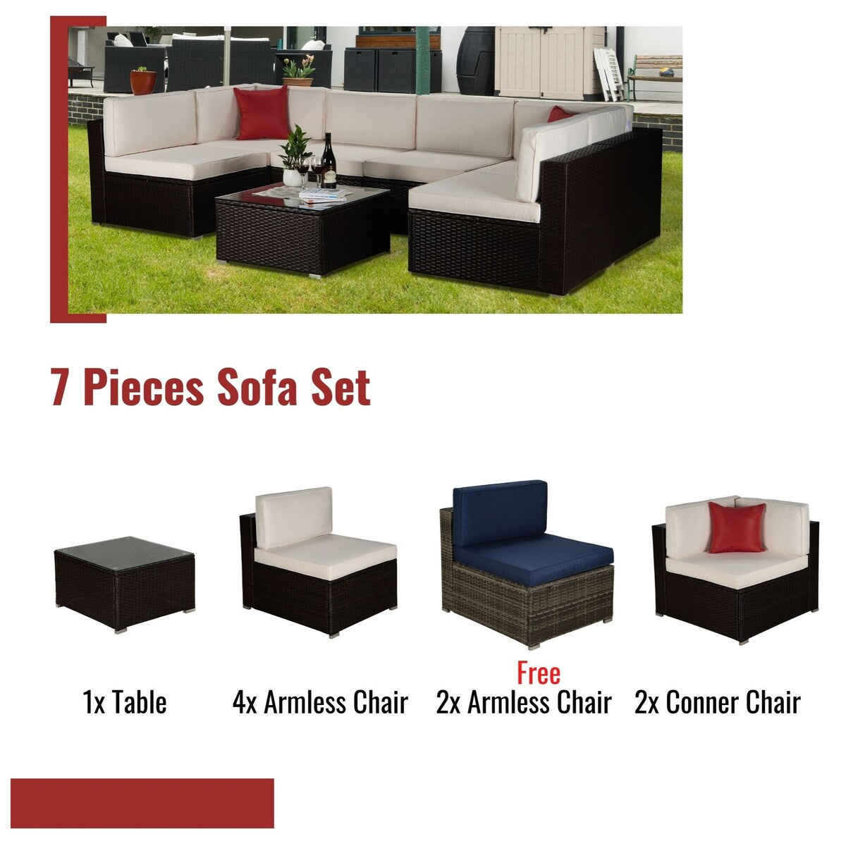 9-Piece Outdoor Wicker Patio Sofa Set with Table and Cushions