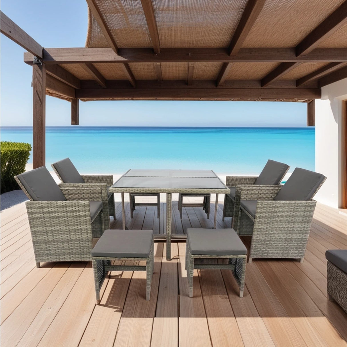 9 Pieces Patio Dining Sets Outdoor Space Saving Rattan Chairs with Glass Table