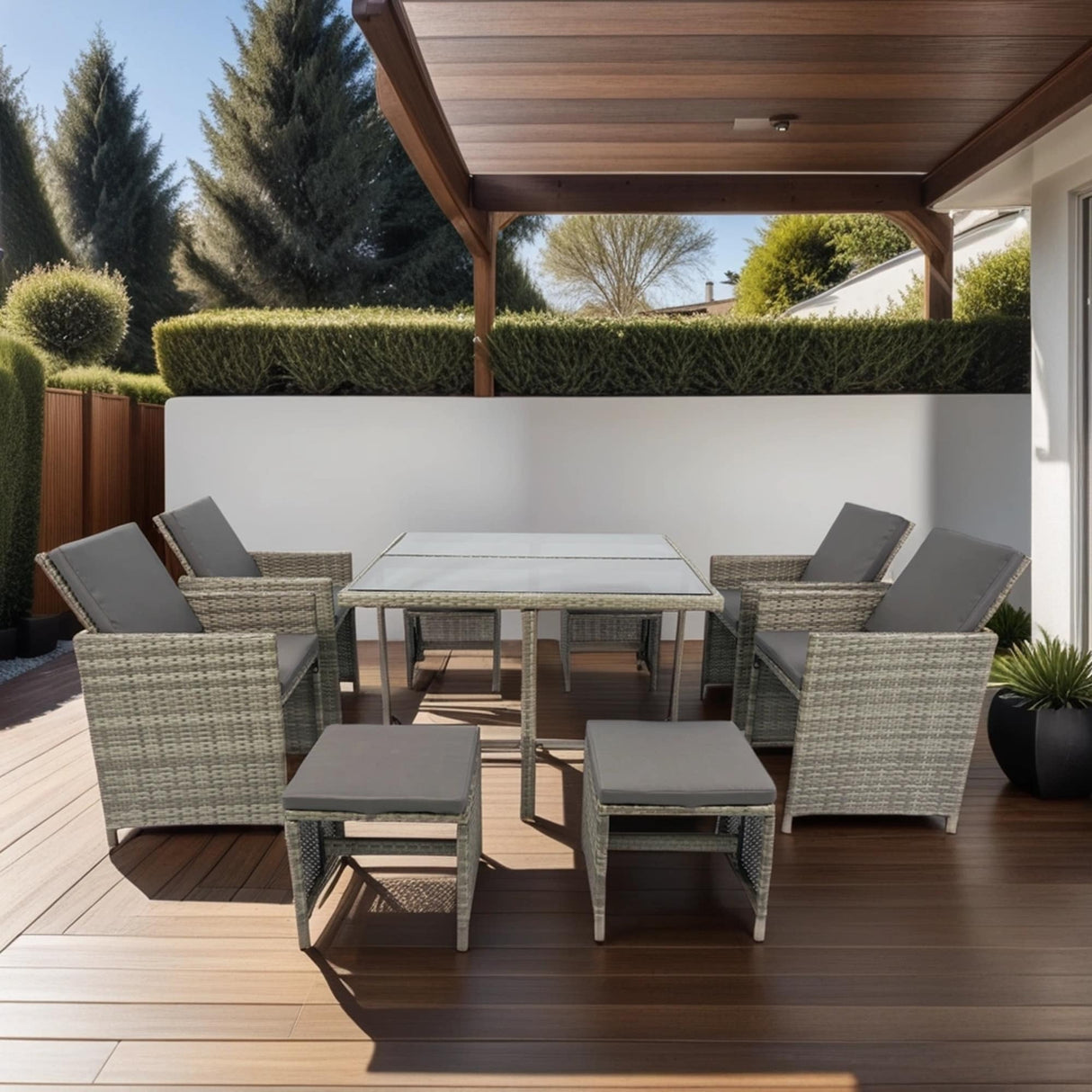 9 Pieces Patio Dining Sets Outdoor Space Saving Rattan Chairs with Glass Table