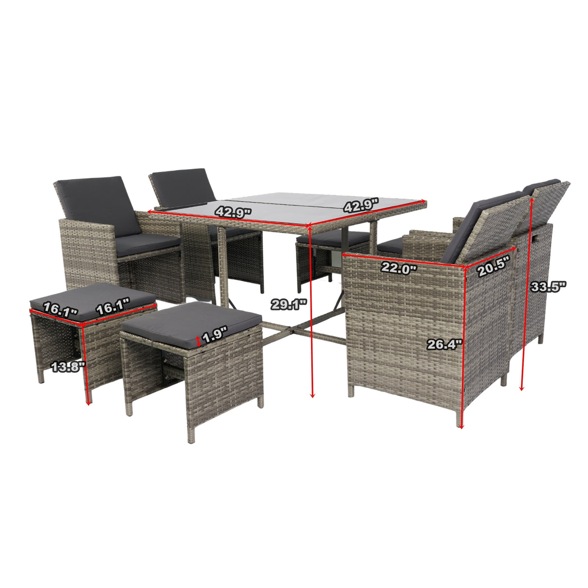 9 Pieces Patio Dining Sets Outdoor Space Saving Rattan Chairs with Glass Table