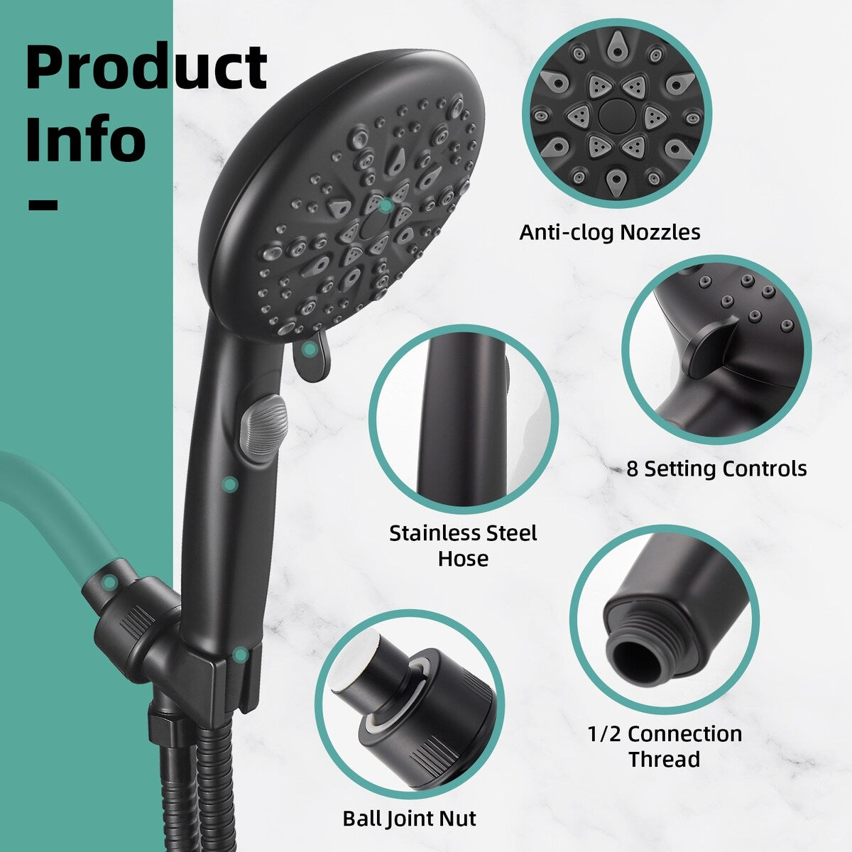Cobbe 9-Spray Handheld Shower Head with Bracket and Hose