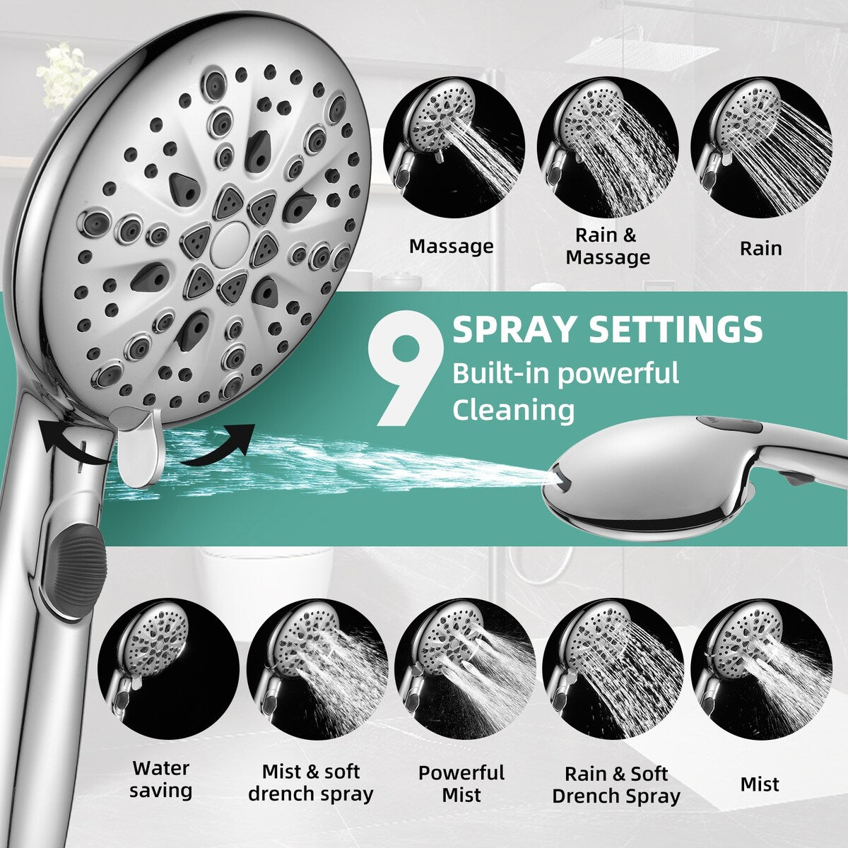 Cobbe 9-Spray Handheld Shower Head with Bracket and Hose