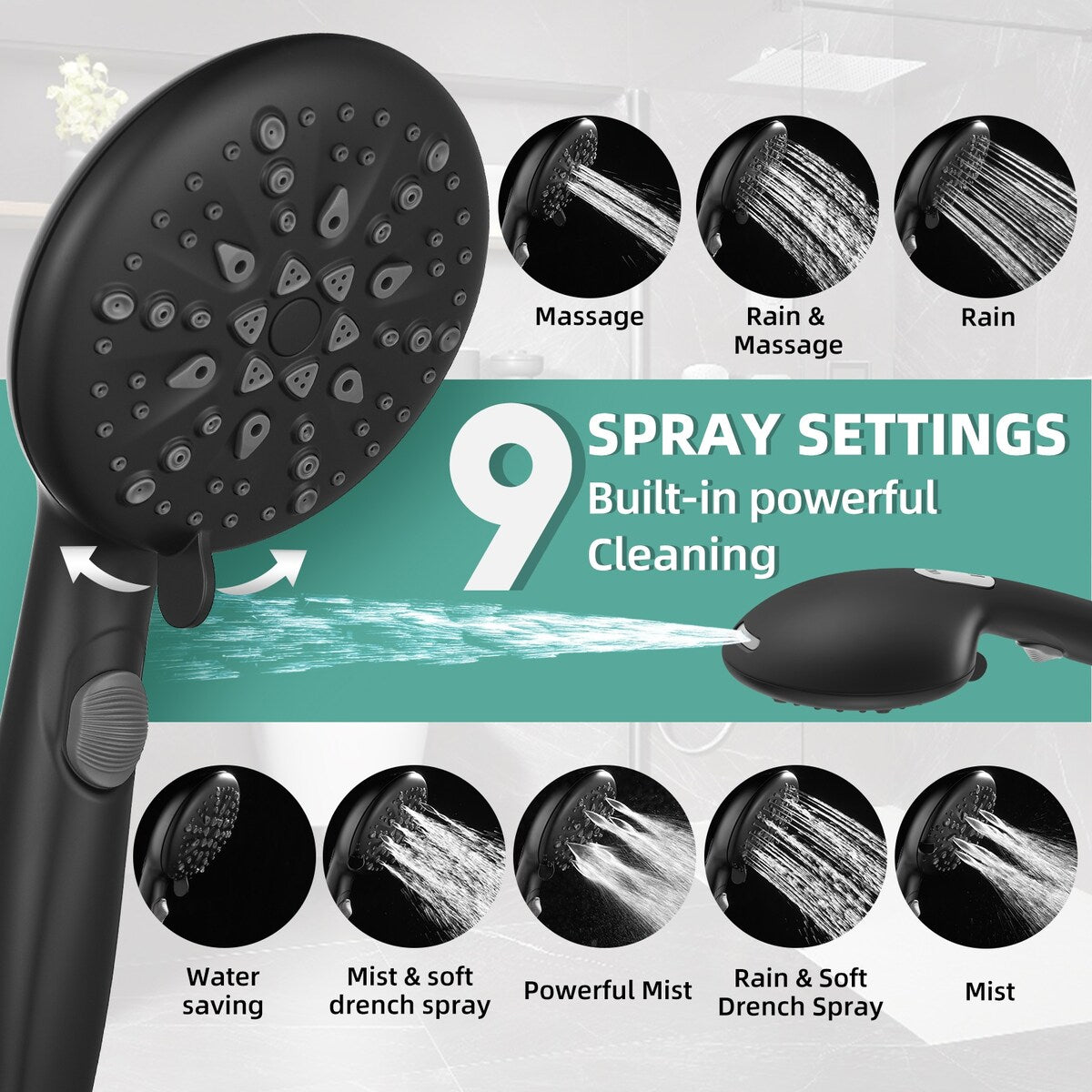 Cobbe 9-Spray Handheld Shower Head with Bracket and Hose