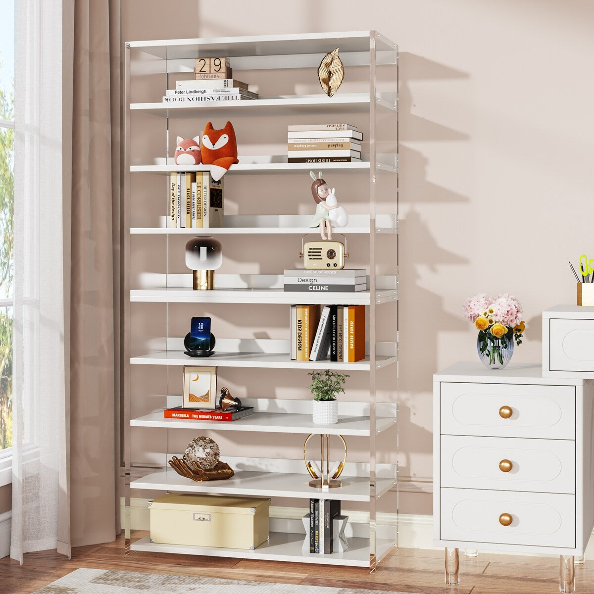 9-Tier Wood and Acrylic Bookshelf Bookcase for Home Office