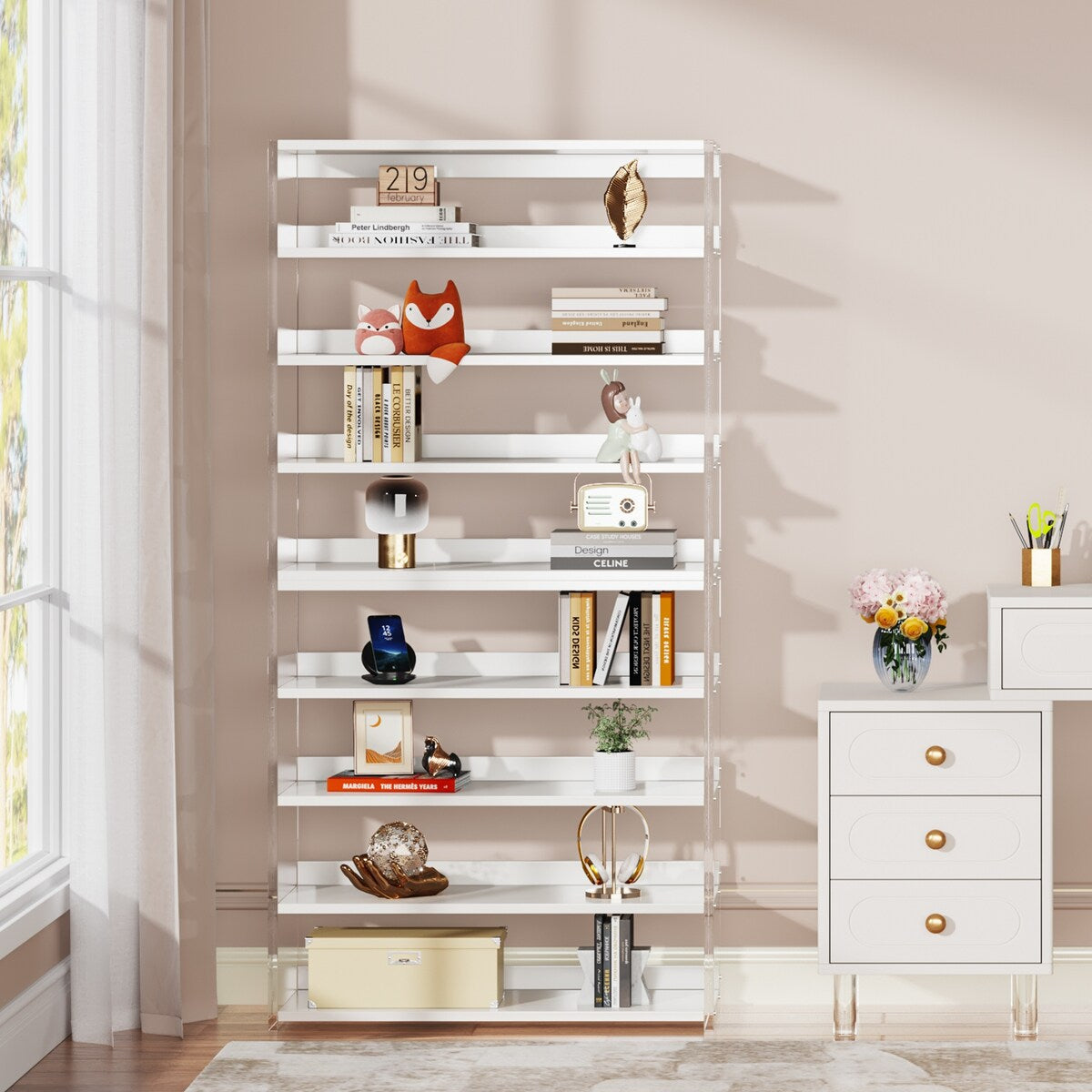 9-Tier Wood and Acrylic Bookshelf Bookcase for Home Office