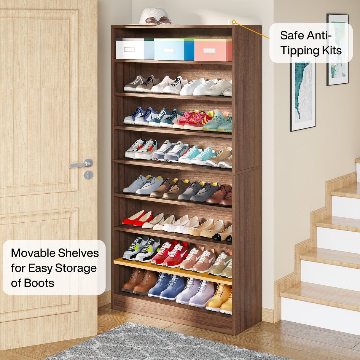 9 Tiers Shoe Cabinet 40-45 Pairs Heavy Duty Wood Freestanding Shoe Storage Cabinet with Open Storage for Entryway