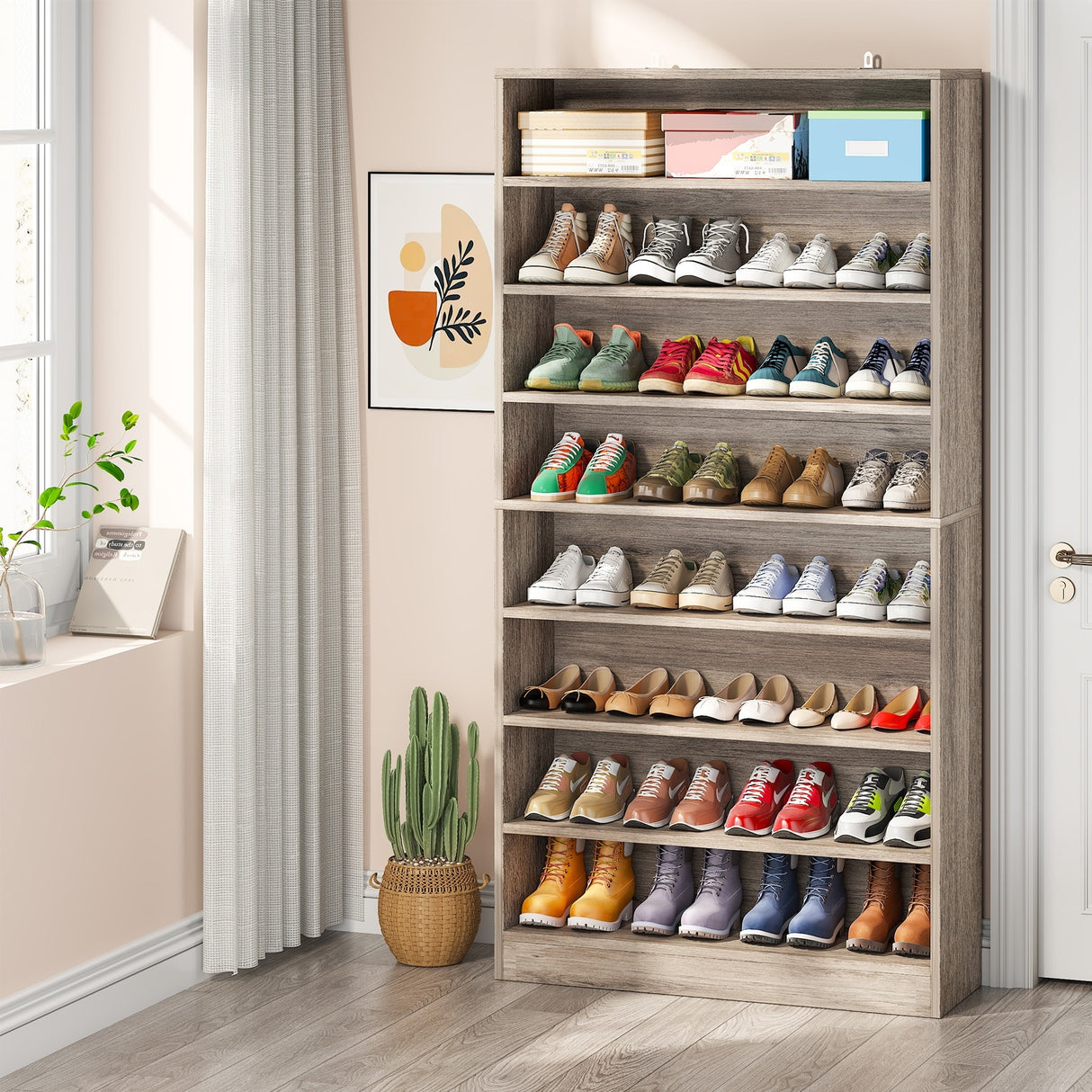 9 Tiers Shoe Cabinet 40-45 Pairs Heavy Duty Wood Freestanding Shoe Storage Cabinet with Open Storage for Entryway