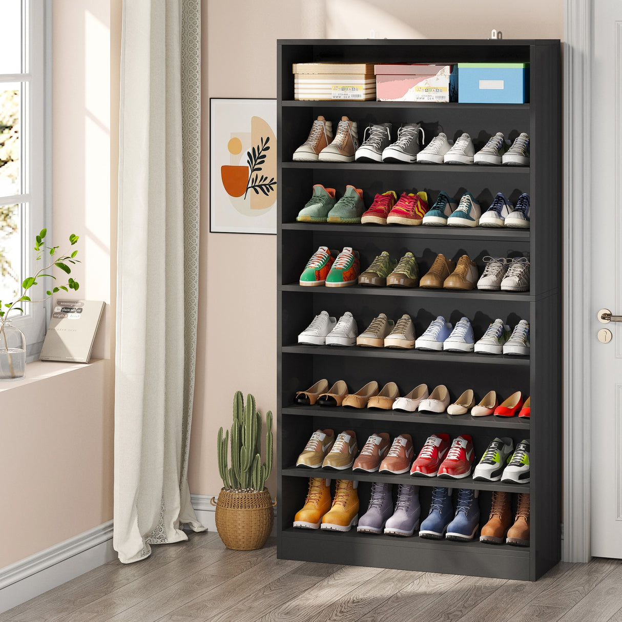 9 Tiers Shoe Cabinet 40-45 Pairs Heavy Duty Wood Freestanding Shoe Storage Cabinet with Open Storage for Entryway